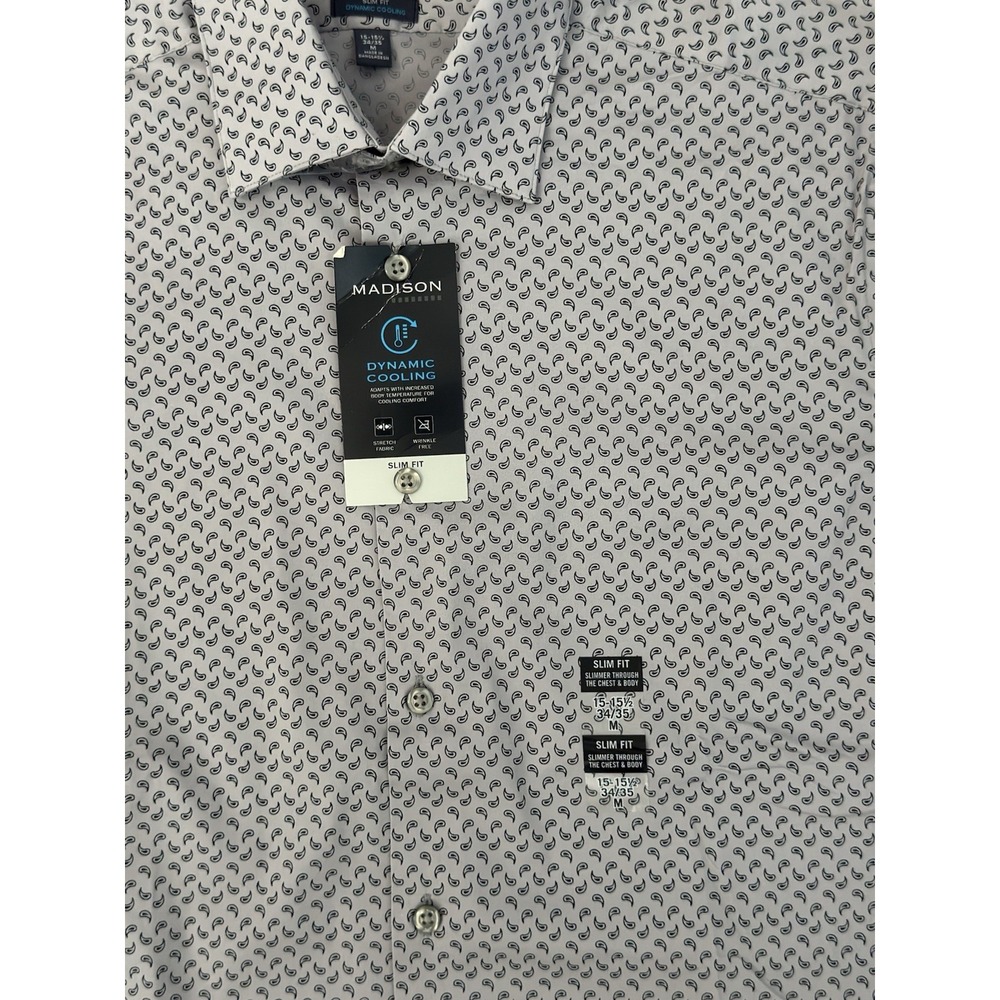 NWT Madison Mens Slim Fit Grey Button Down Dynamic Cooling Shirt M 15-15.5 34/35